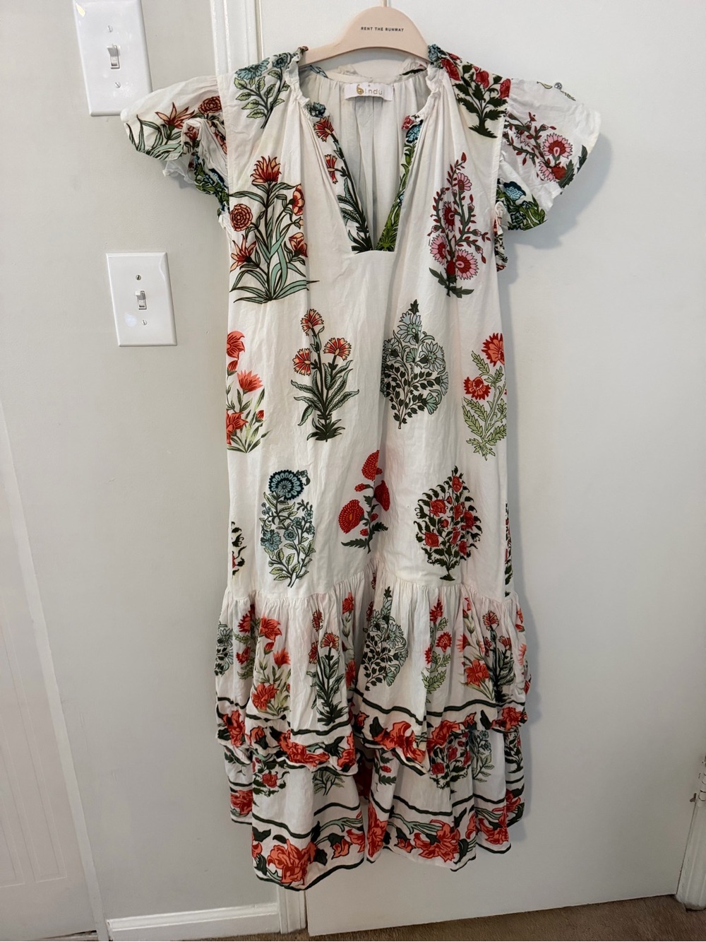 Boho Floral Tiered Maxi Dress - White with Red & Green Floral